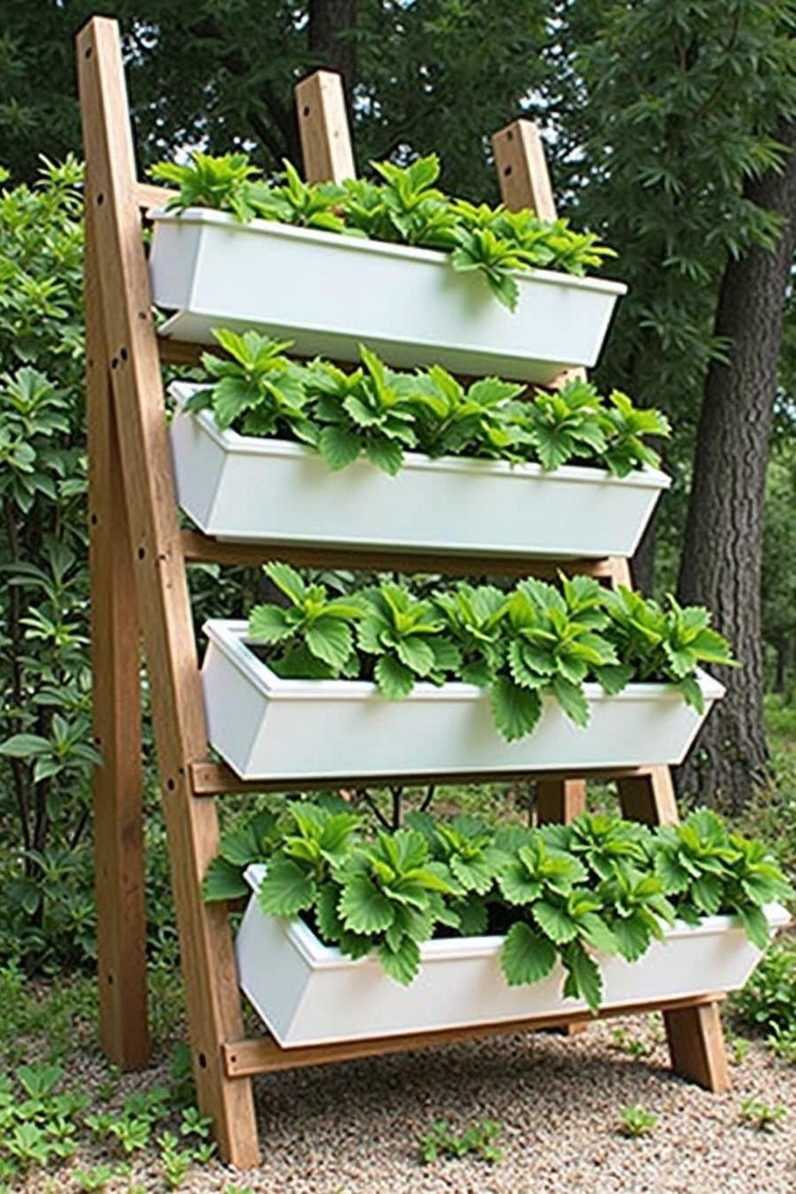 Vertical planter with lush green strawberry plants in a tiered wooden structure