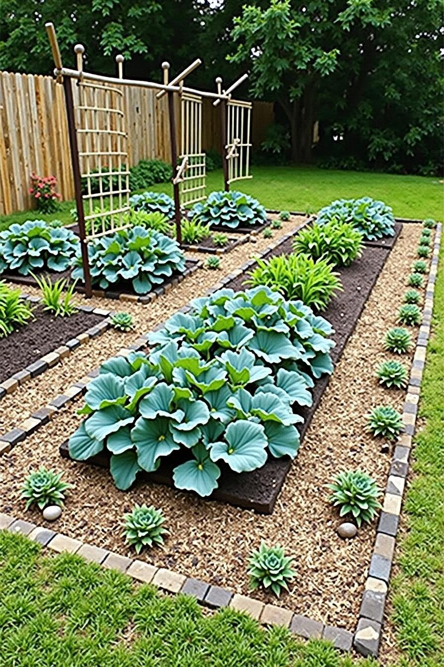 Raised beds with lush green plants and trellises