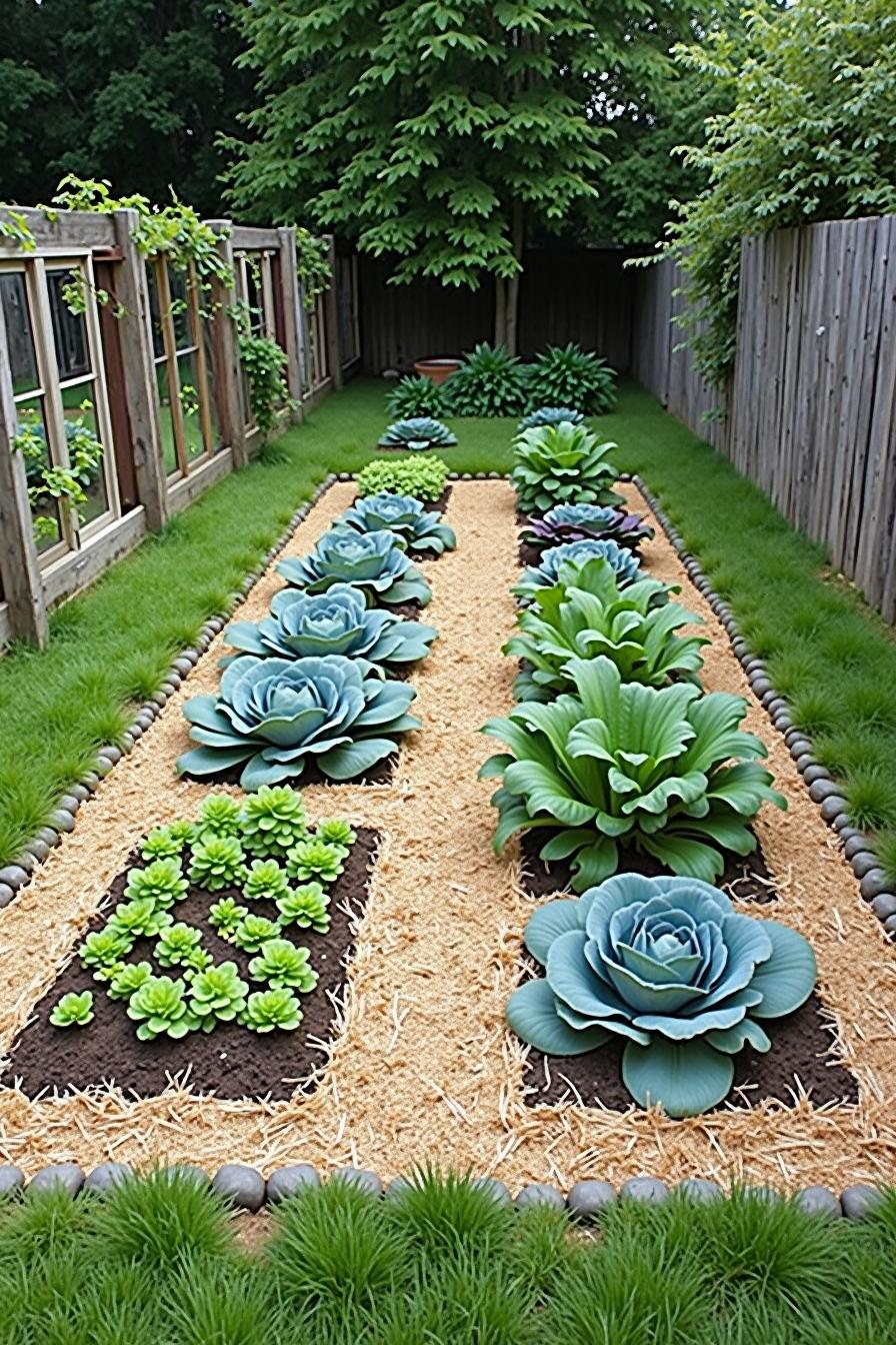 Neatly organized vegetable garden with vibrant greens