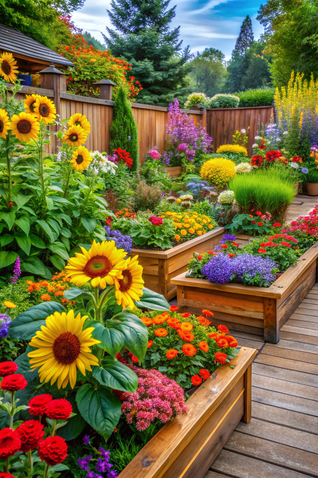 Raised flower beds with vibrant blooms and sunflowers