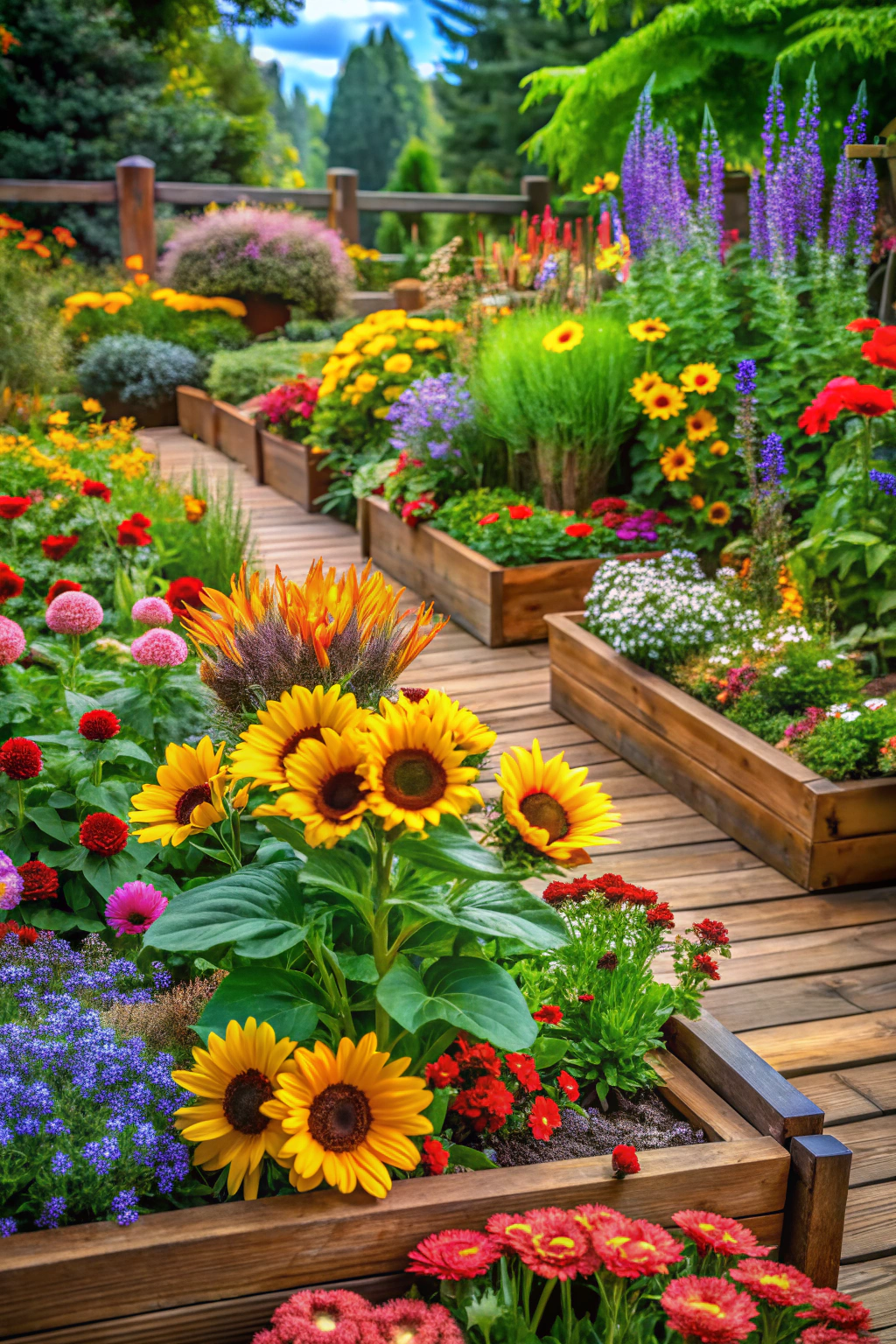 Vibrant raised flower beds with sunflowers and colorful blooms on a wooden pathway