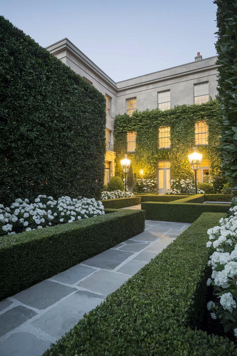 Elegant garden with boxwood hedges and white flowers