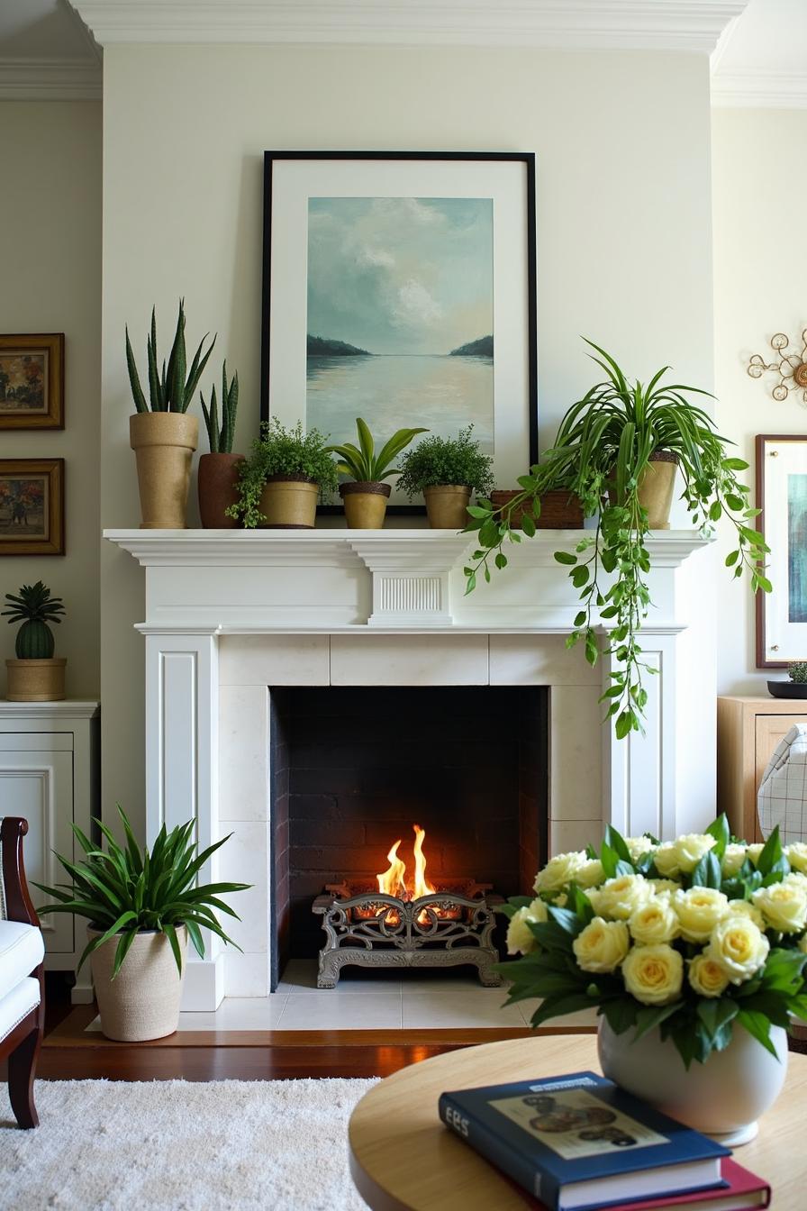 White mantel with spring greenery and painting