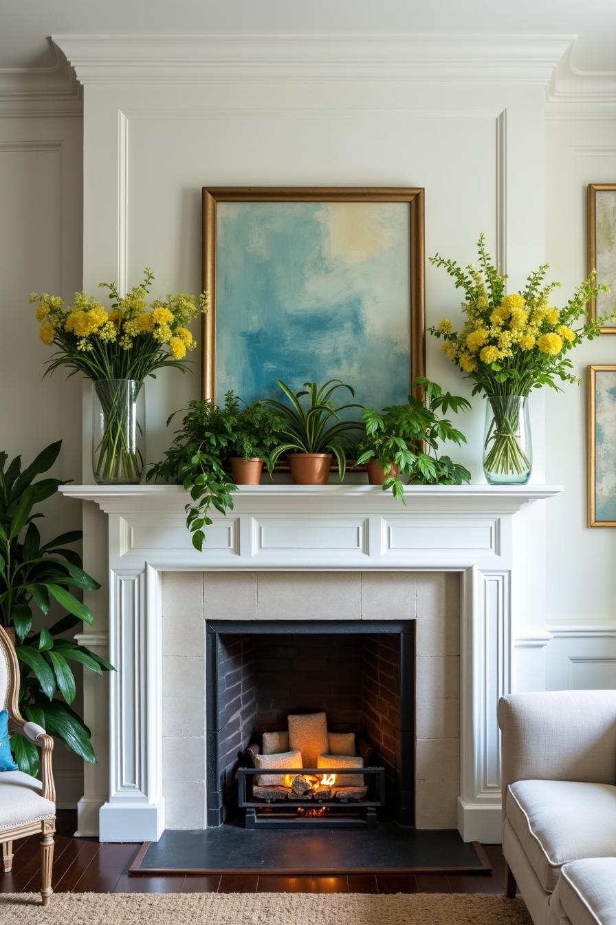 Cheerful yellow flowers and lush greenery on a mantelpiece