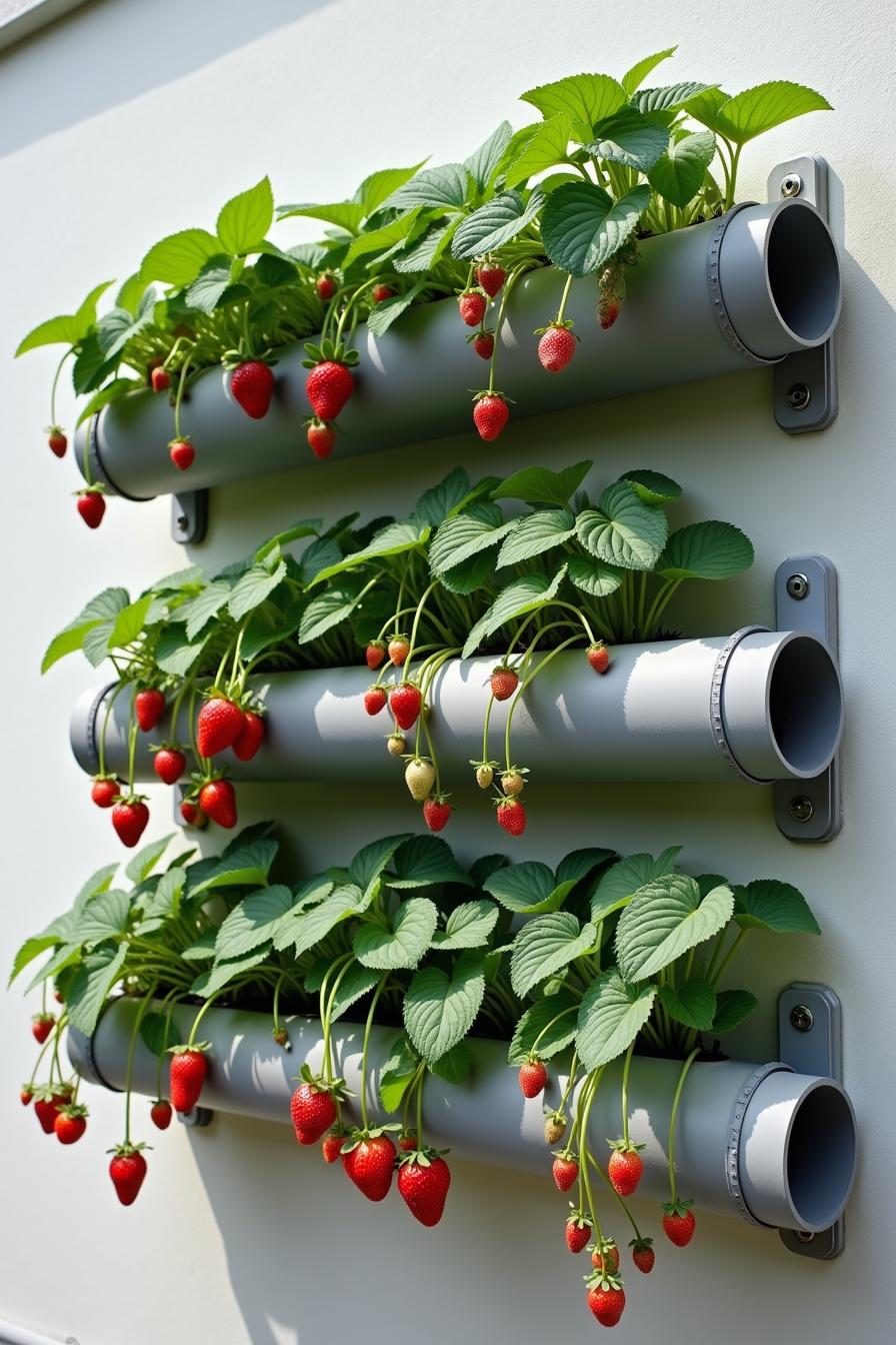 Strawberries growing in wall-mounted pipes