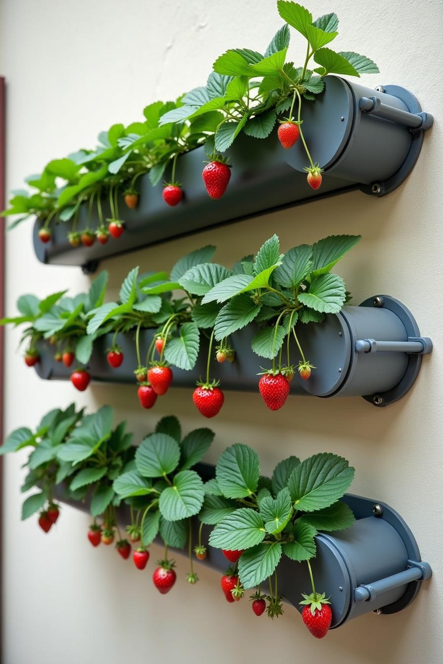 Wall-mounted planters with lush strawberries