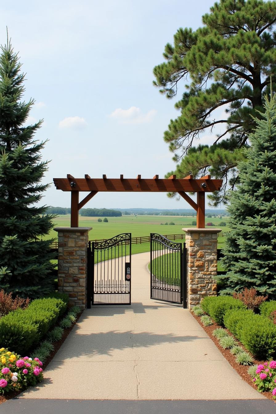 Elegant farm entrance with stone pillars and metal gate