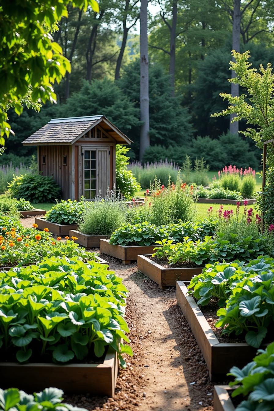 Raised garden beds with lush plants near a cozy wooden shed