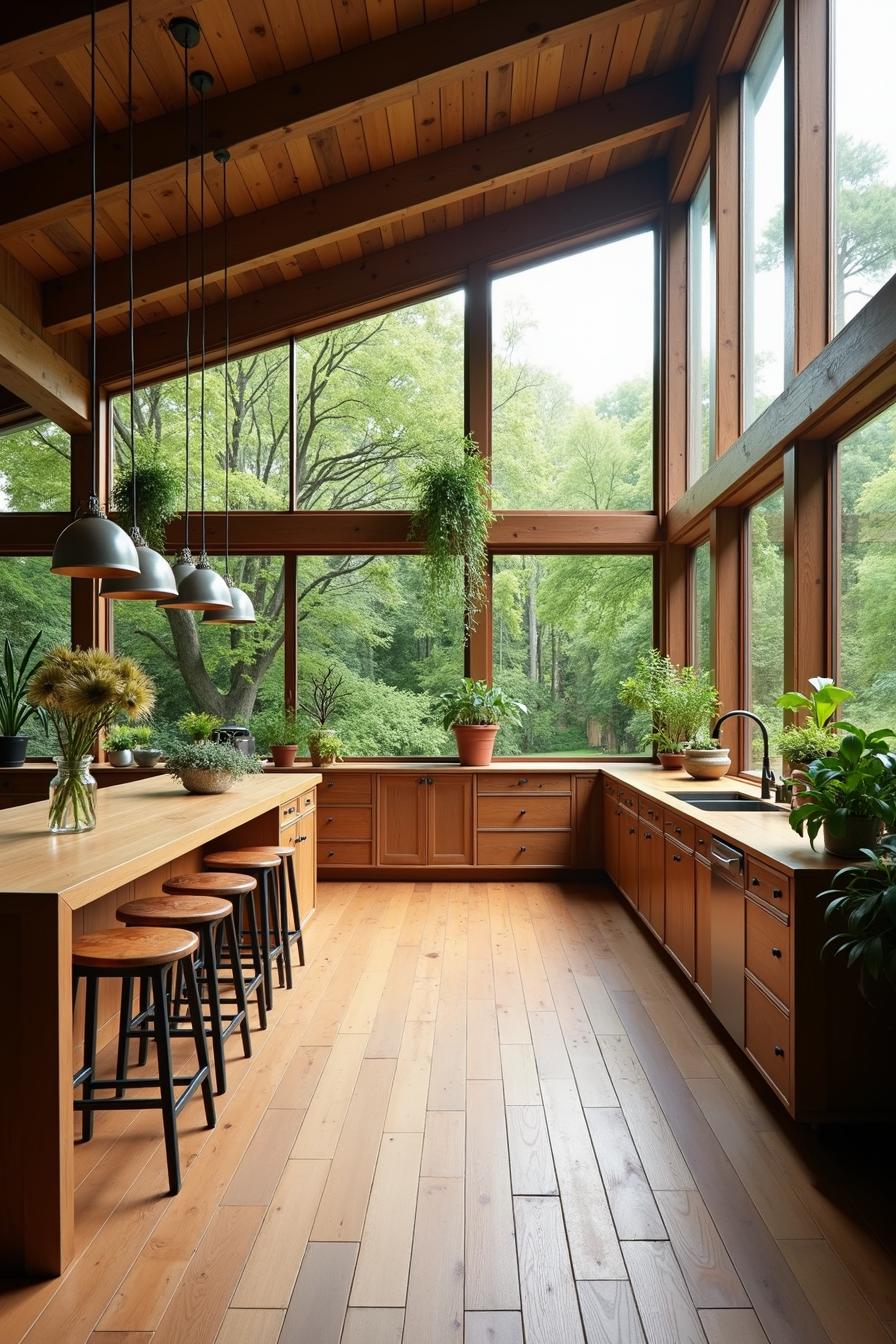 Sunny kitchen with wooden elements and hanging plants