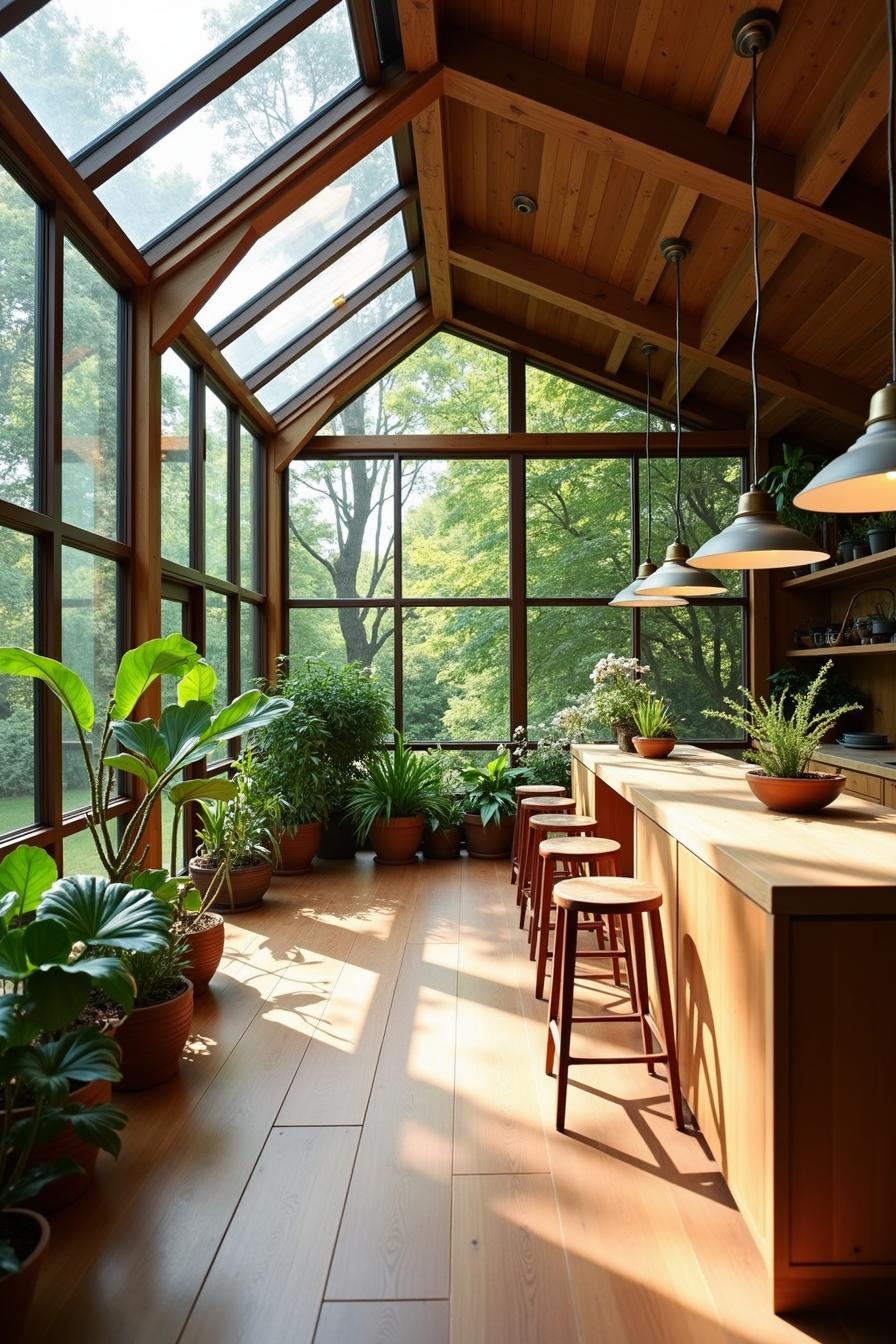 Sunlit room with large windows and numerous potted plants