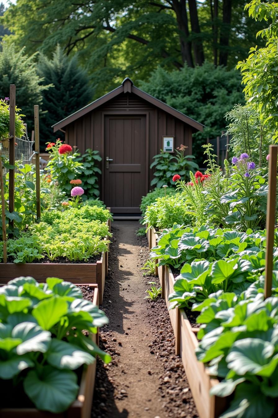 Raised vegetable beds with a small shed in the background