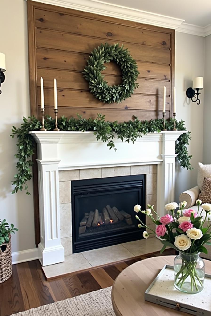 White mantel with greenery and candles, set against a wooden backdrop