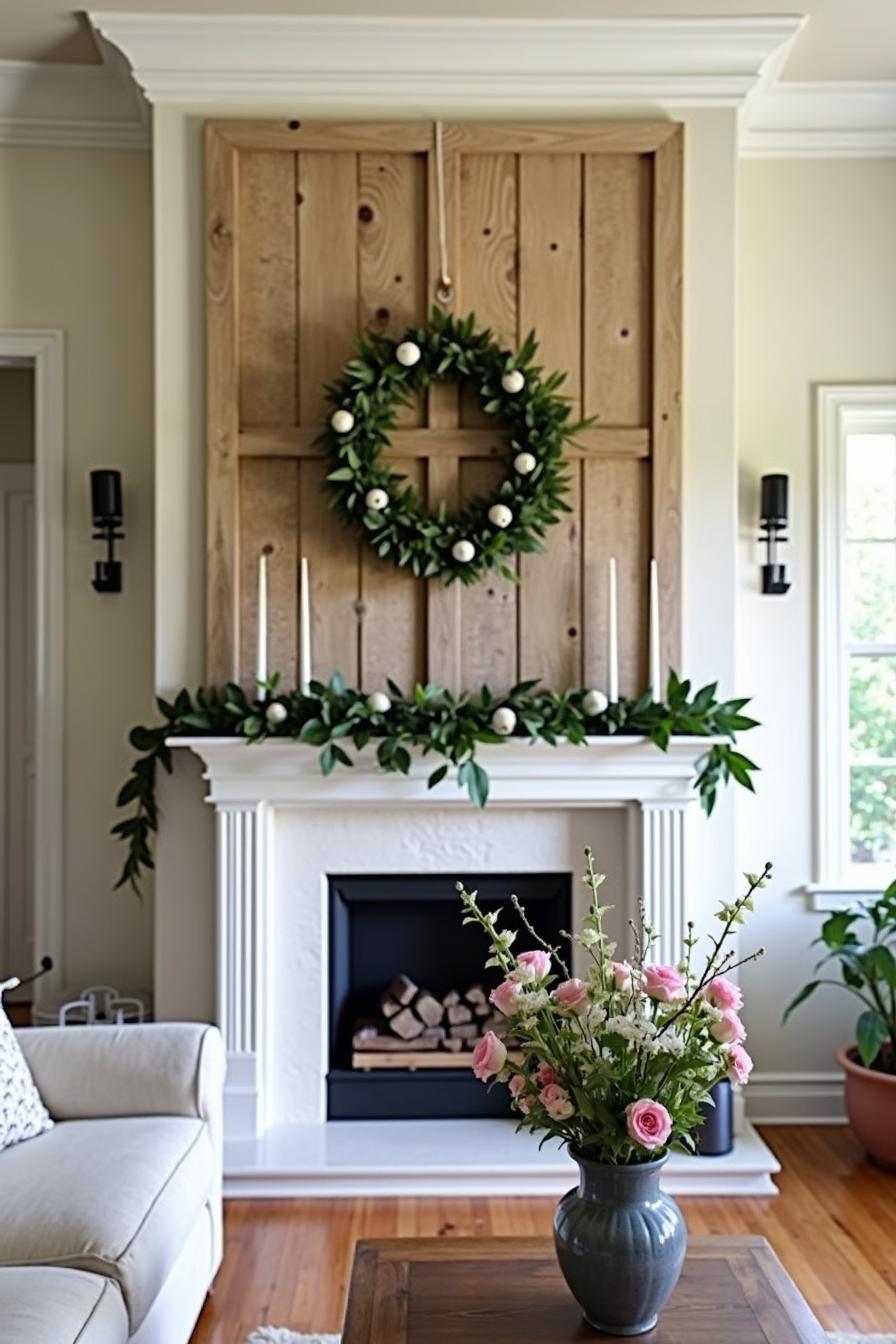 Festive spring mantel with greenery and flowers