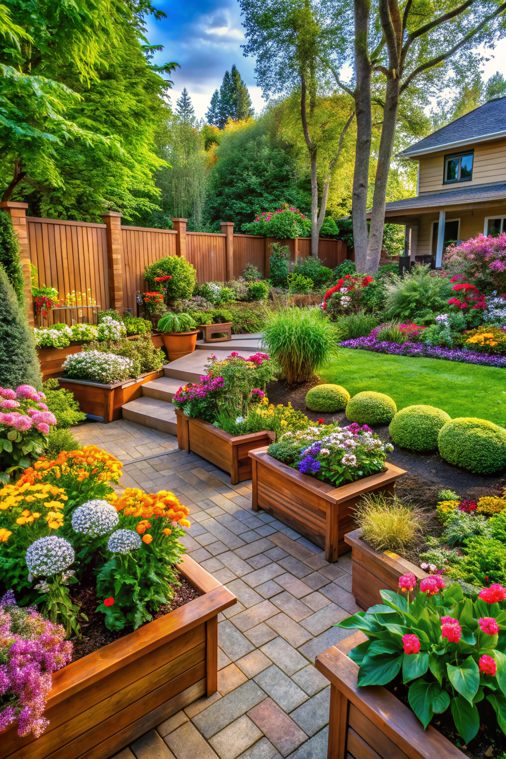 Vibrant raised flower beds with assorted flowers and brick pathway