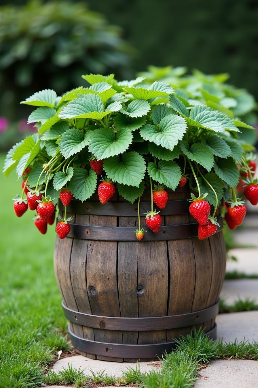 Wooden barrel overflowing with strawberries and green leaves