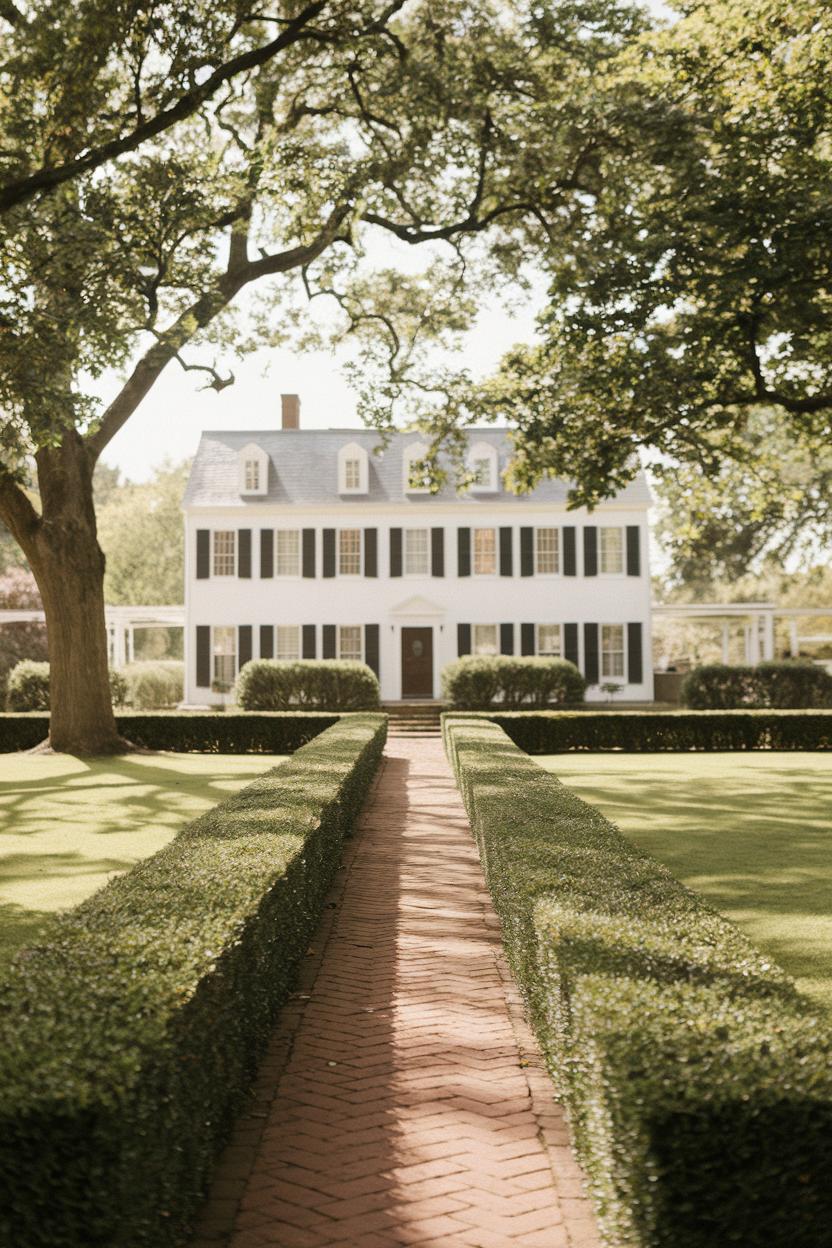 Pathway through neatly trimmed boxwood hedges leading to a classic white house