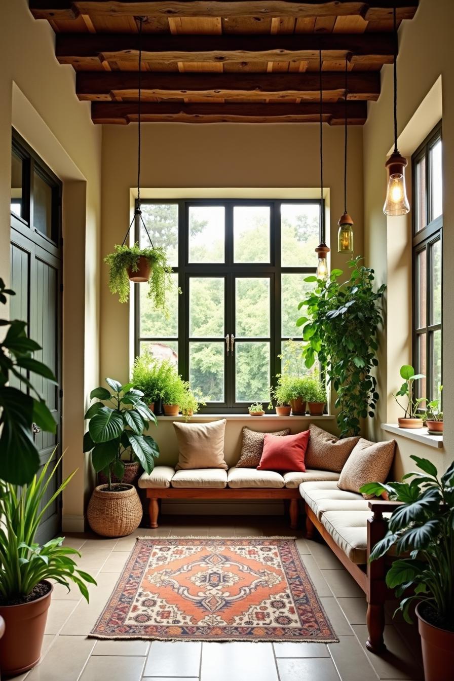 Cozy indoor nook with plants and bench