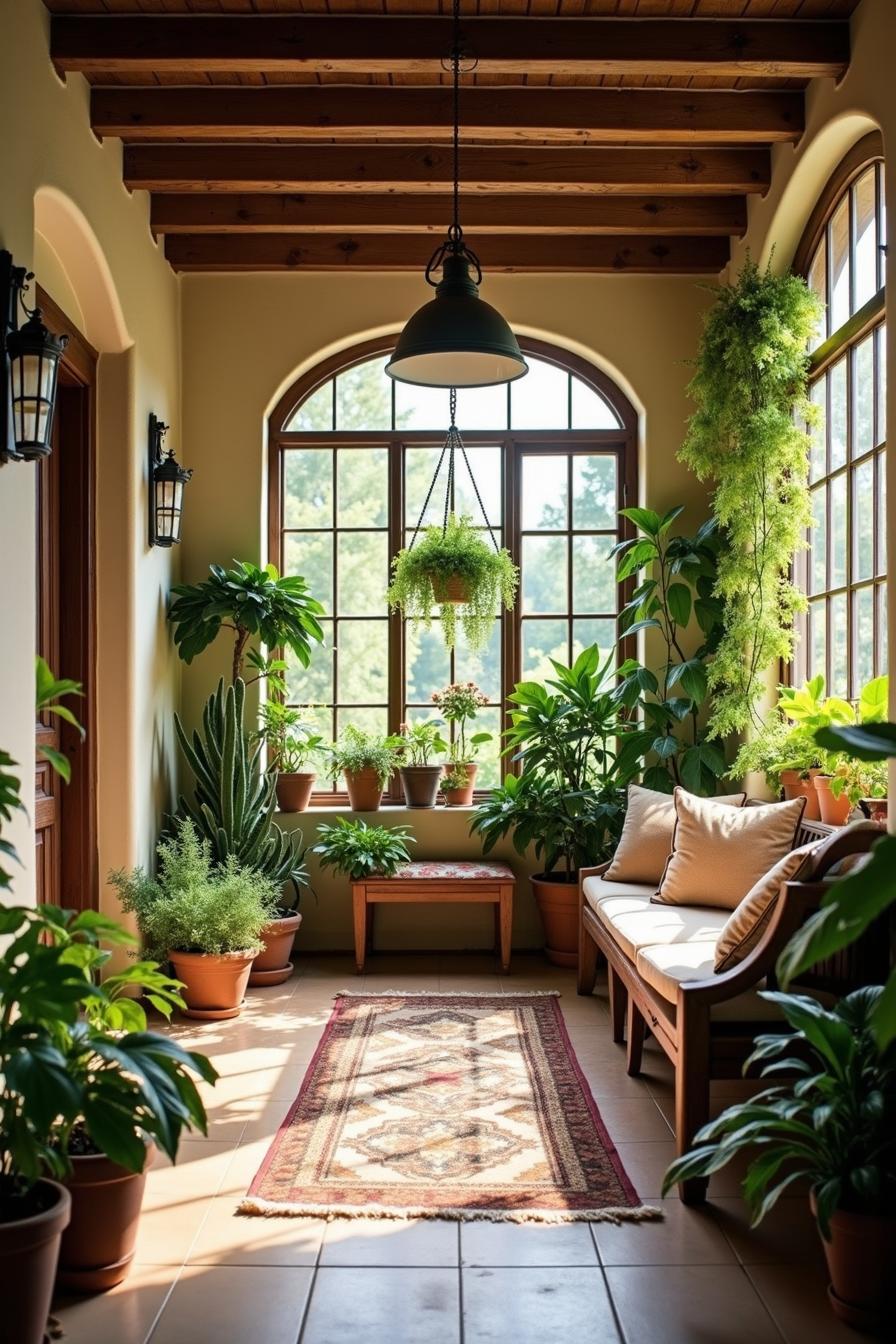 Bright sunroom with large windows, lush plants, wooden bench, and cozy atmosphere