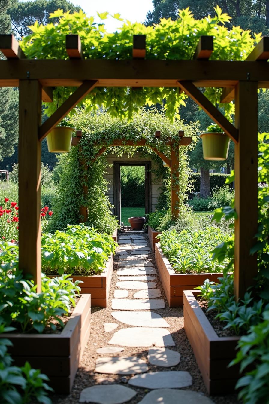 Sunny path flanked by lush raised garden beds under wooden arches