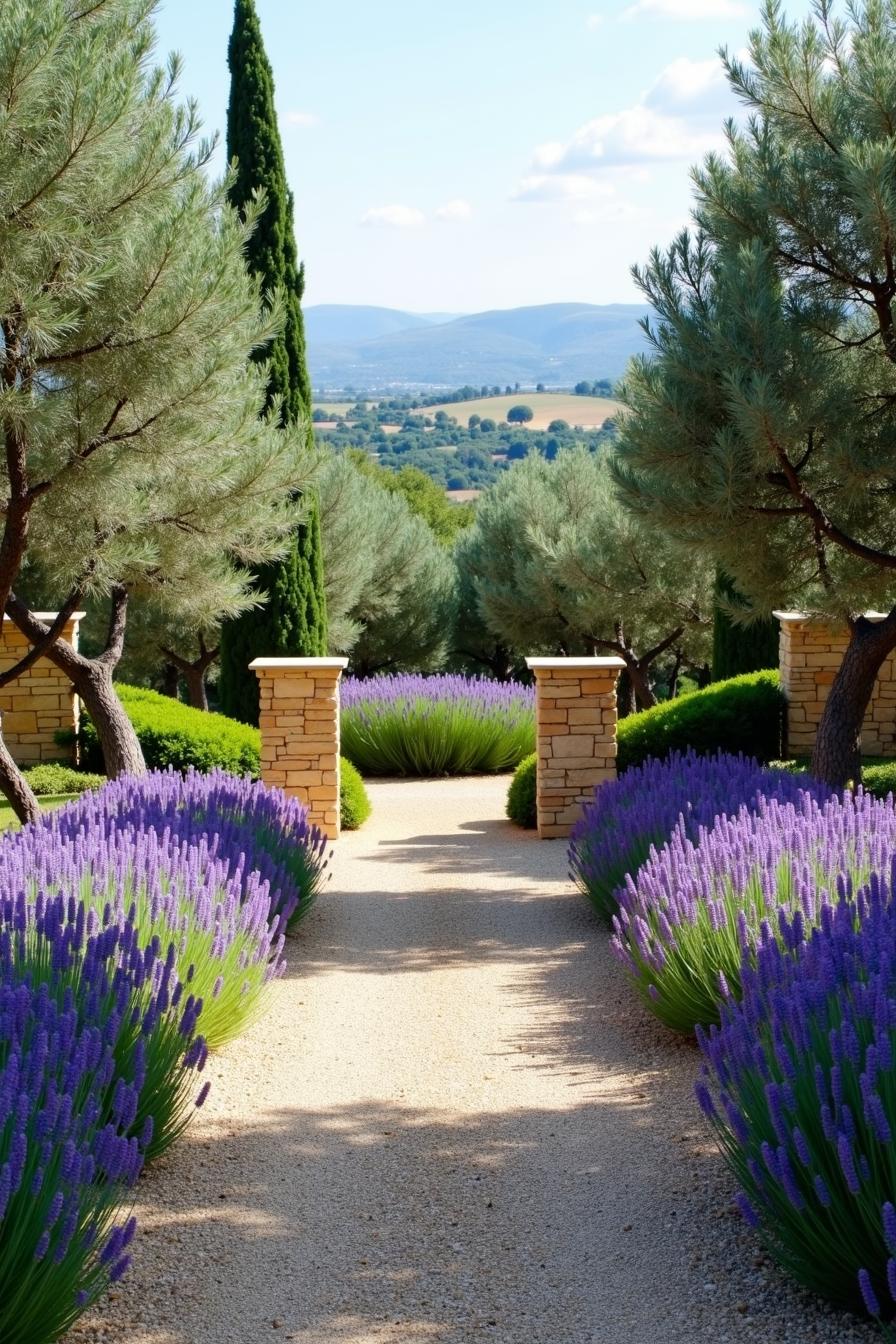 Pathway flanked by vibrant lavender and lush trees