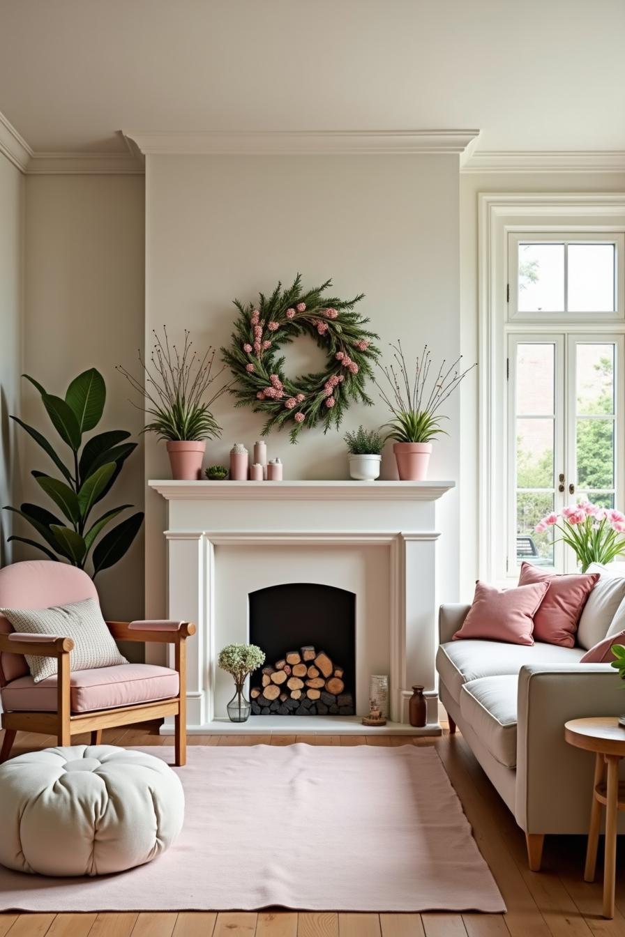 Delicate wreath with pink blooms above a charming fireplace