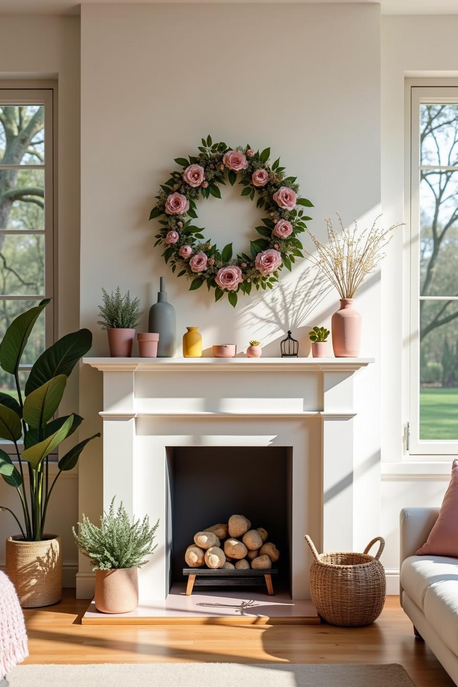 Spring mantel with pink floral wreath and potted plants