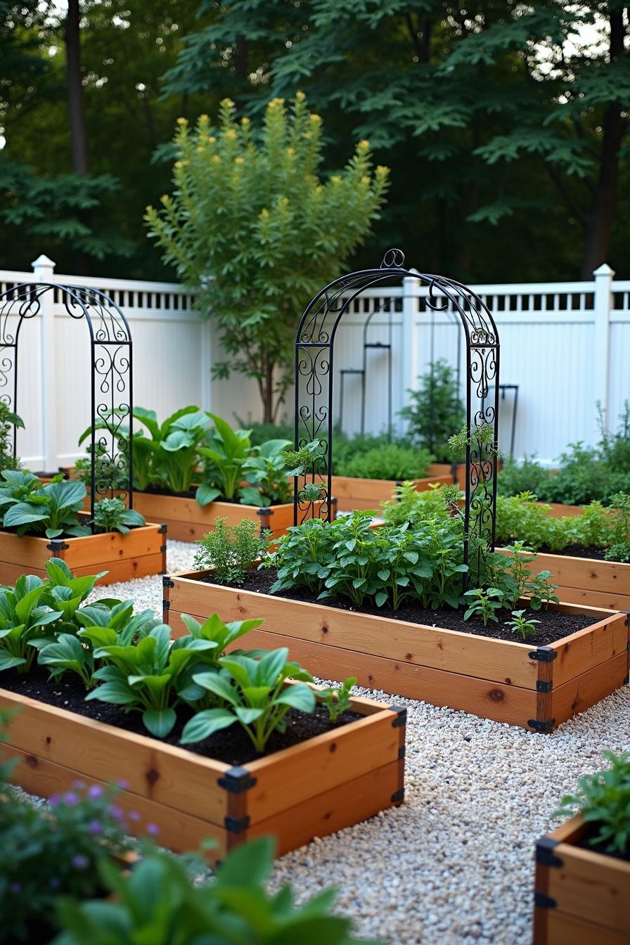 Raised garden beds with vegetables and decorative archways