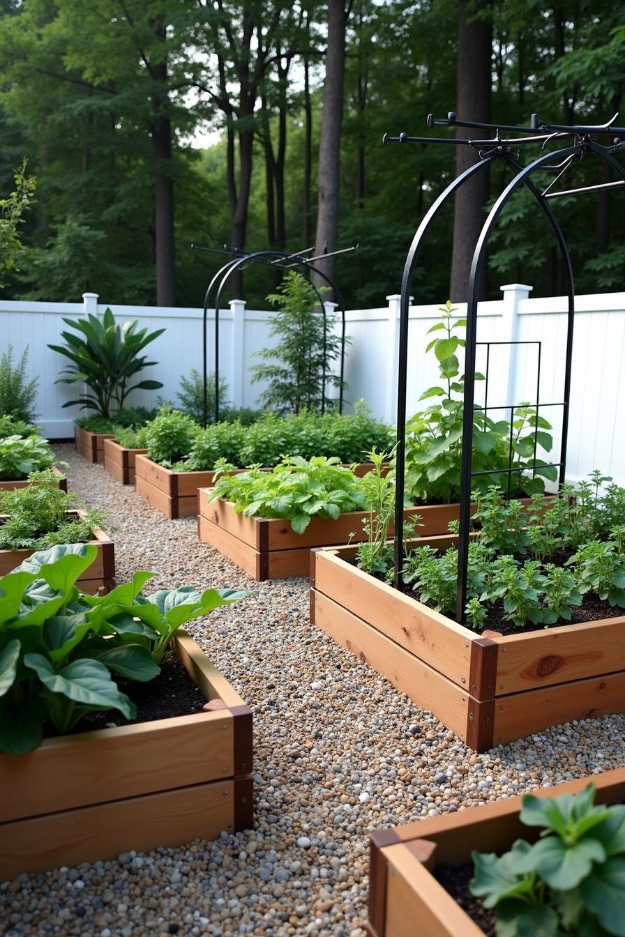 Wooden raised beds filled with lush green vegetables