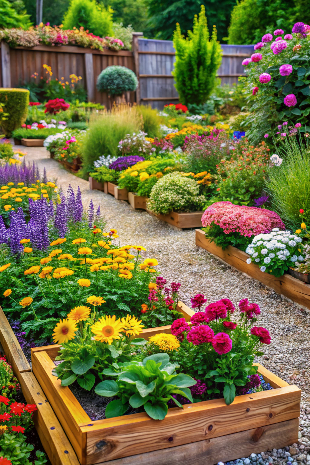 Colorful flowers in wooden raised beds