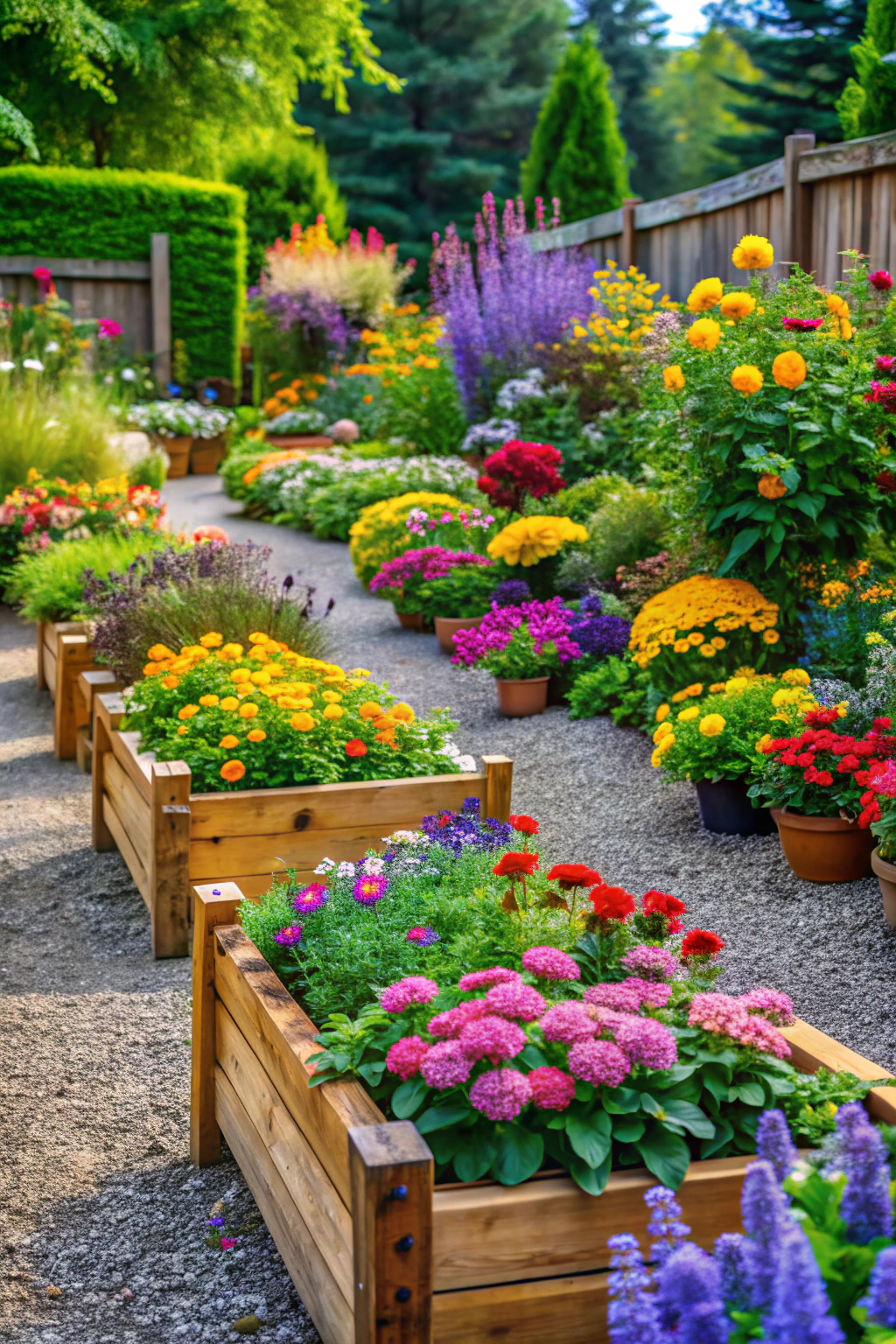 Colorful raised flower beds with various blooming plants