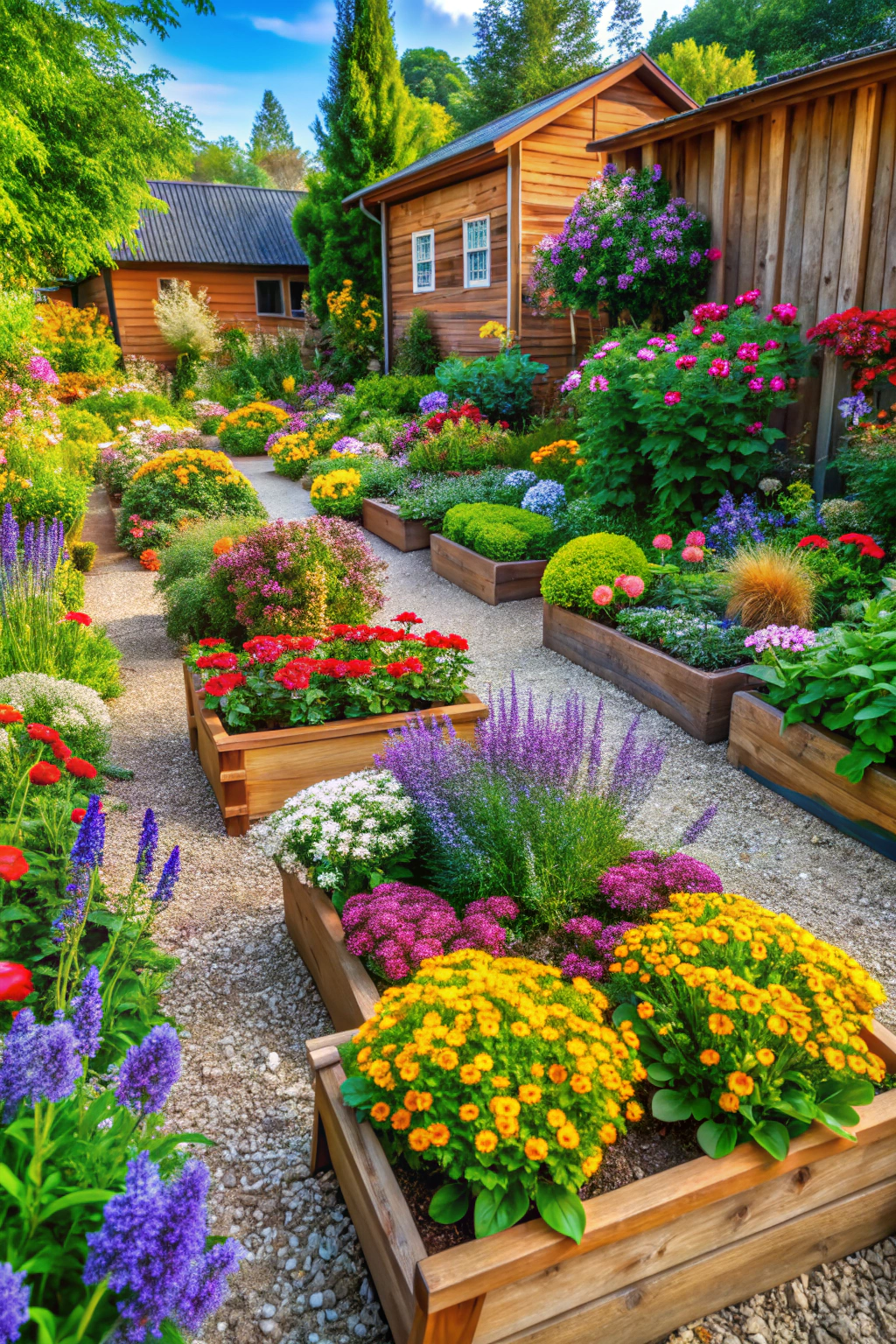 Colorful raised flower beds with a wooden shed in the background