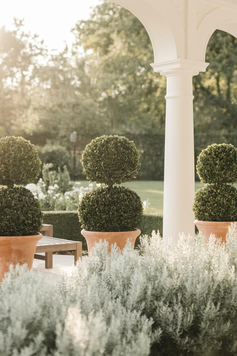 Elegant boxwood topiary in terracotta pots beside a column