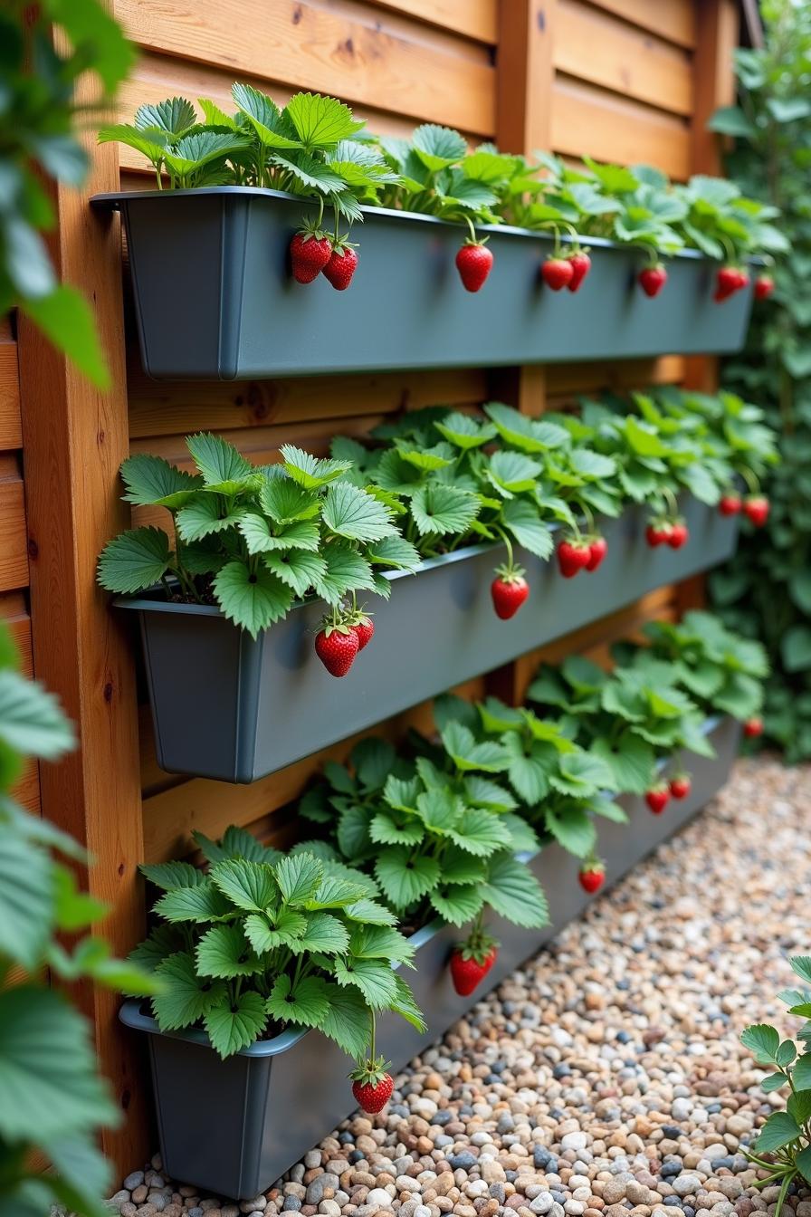 Vertical planting boxes with strawberries