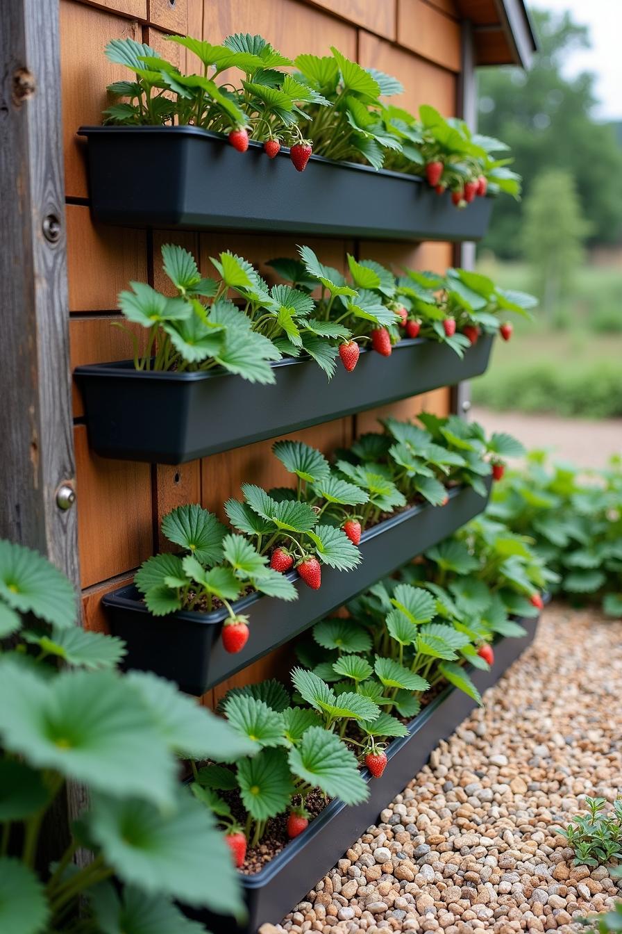 Rows of vibrant strawberries in black planters