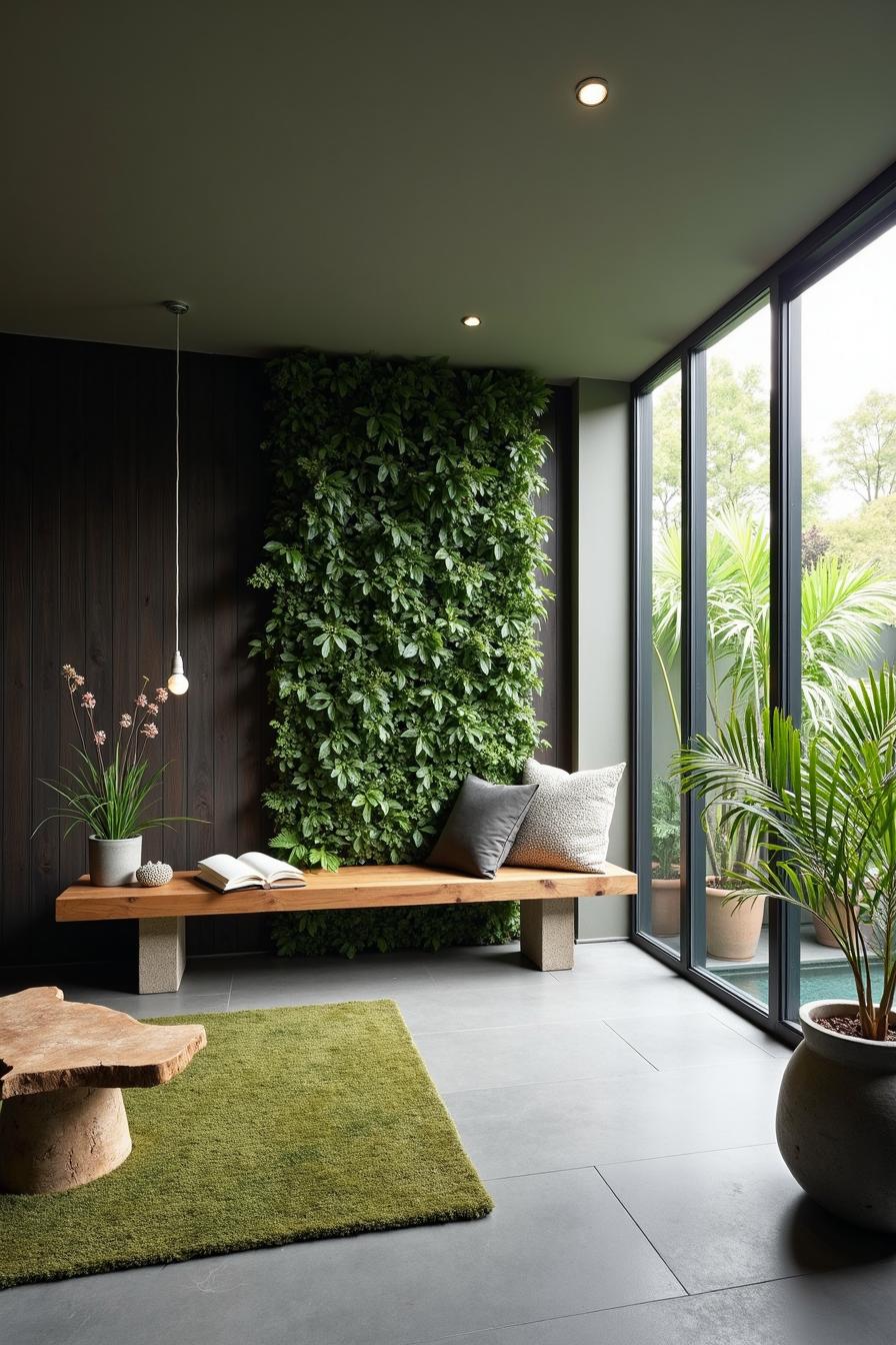 Cozy corner with bench, plants, and soft lighting