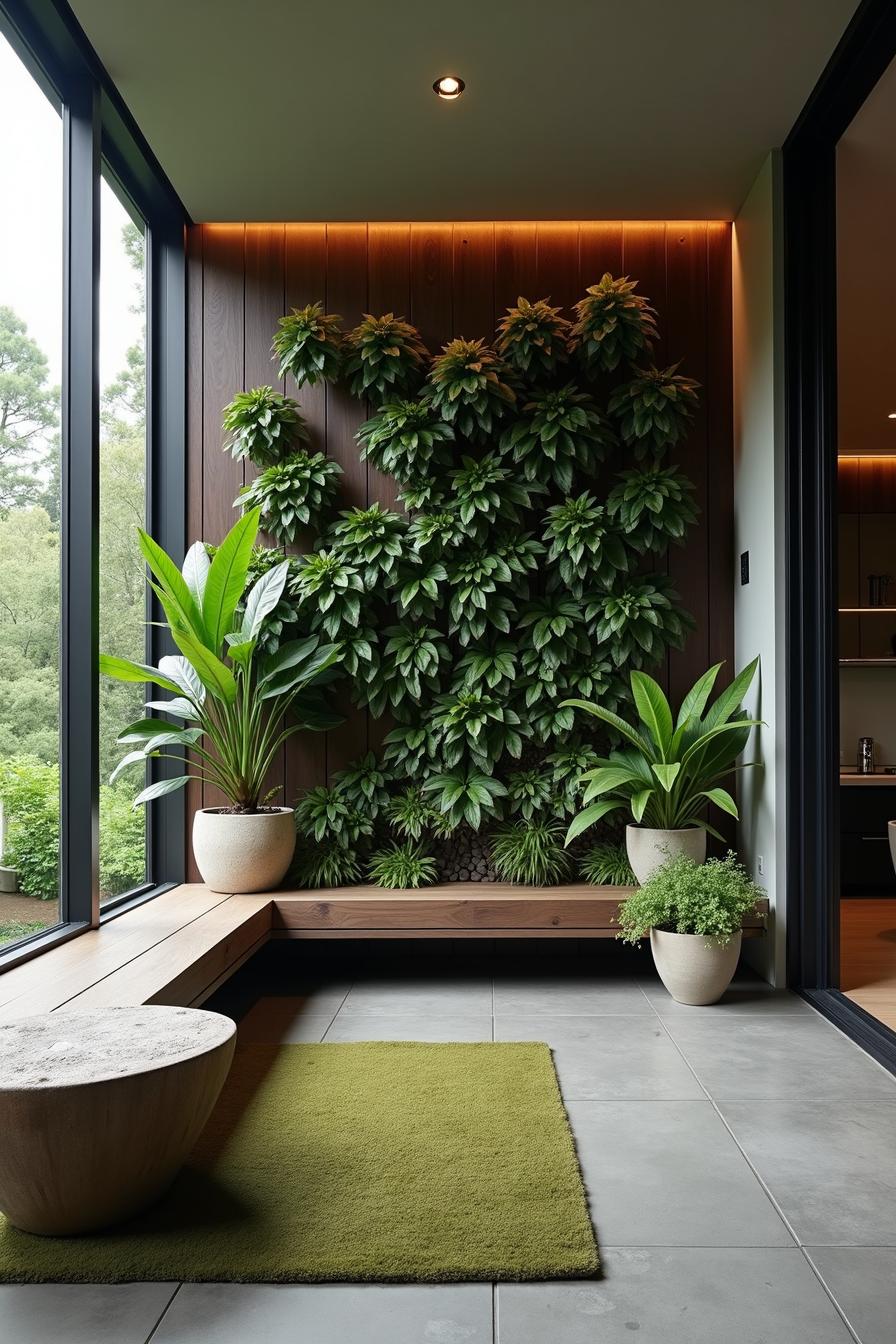 Corner nook with lush potted plants and vertical garden