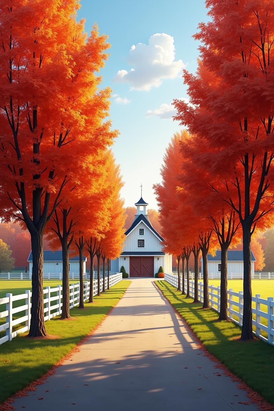 Autumn trees lining a path to a traditional barn