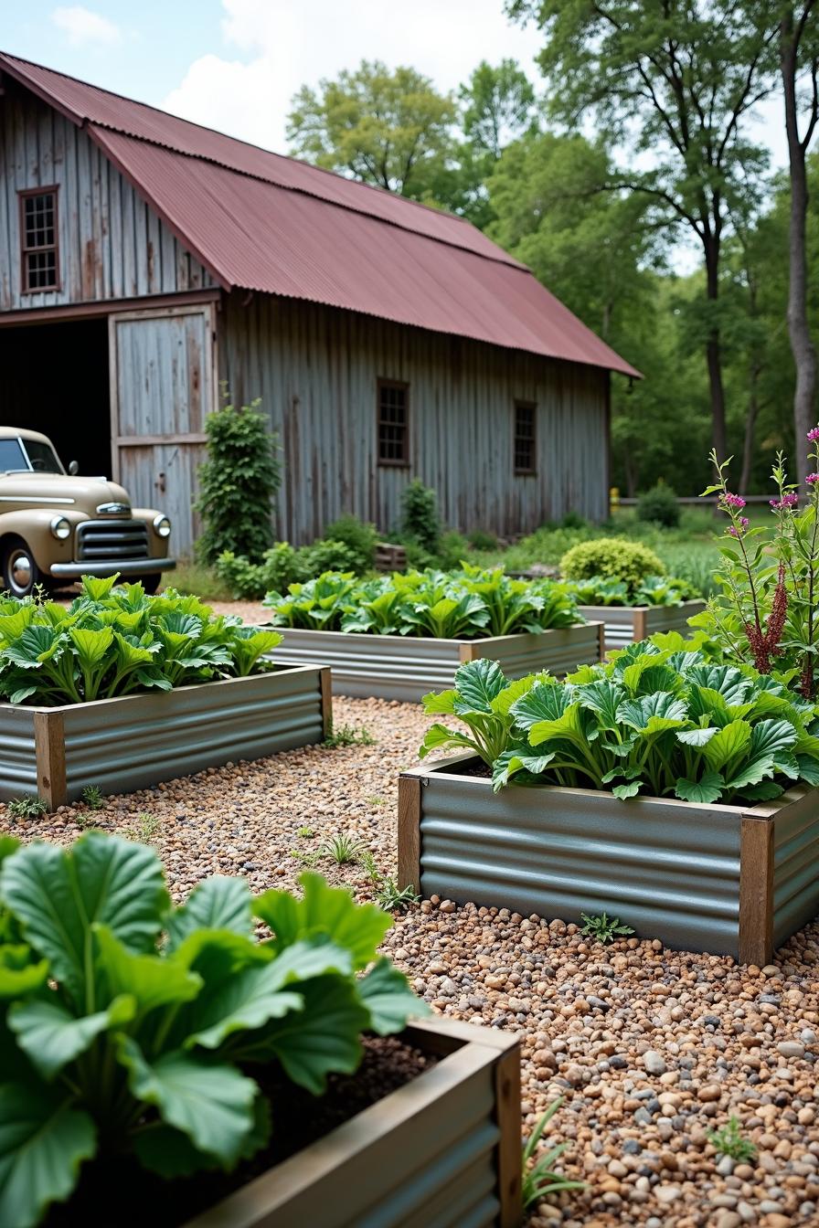 Corrugated steel raised garden beds with leafy greens beside a barn