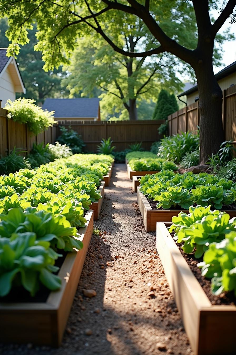 Lush vegetable garden with raised beds under a tree