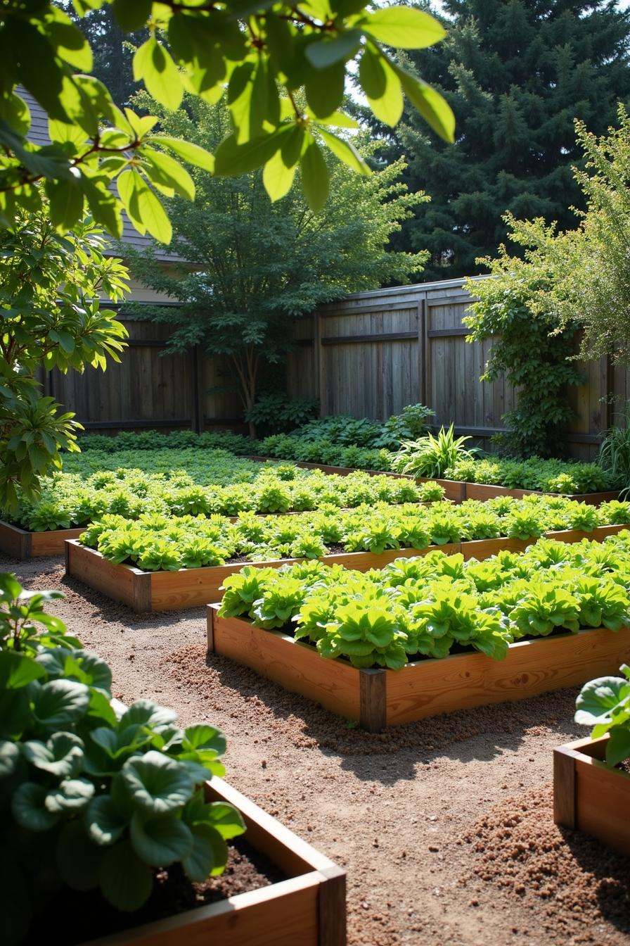 Lush vegetable beds thrive in a sunlit backyard under a clear blue sky