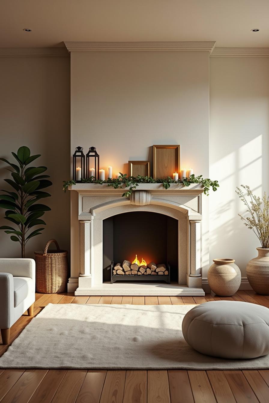 Fireplace adorned with greenery and framed art