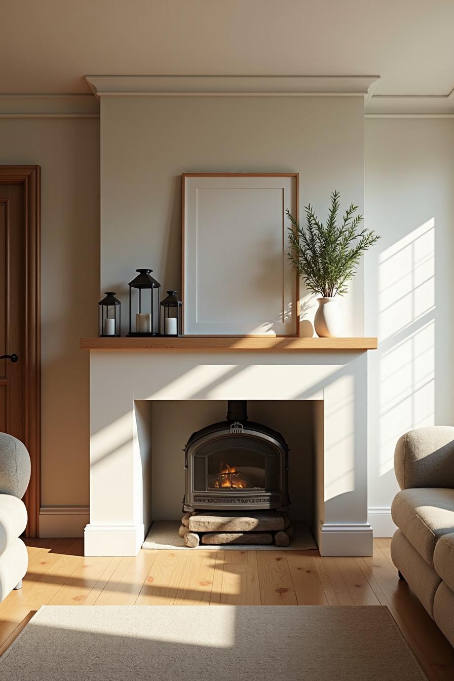 Cozy fireplace with greenery and candles