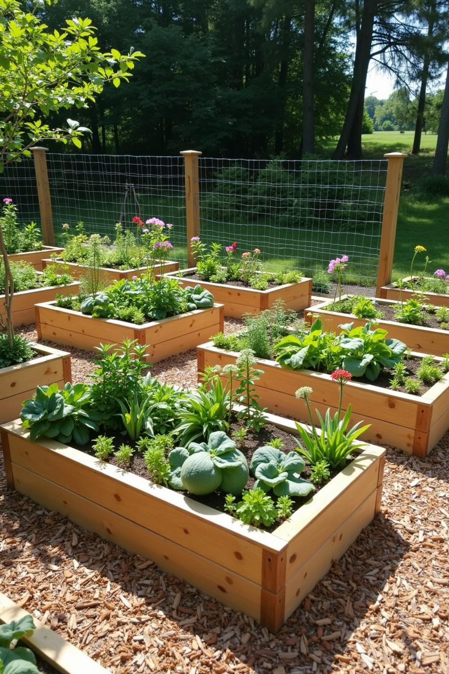 Wooden raised garden beds with vibrant plants