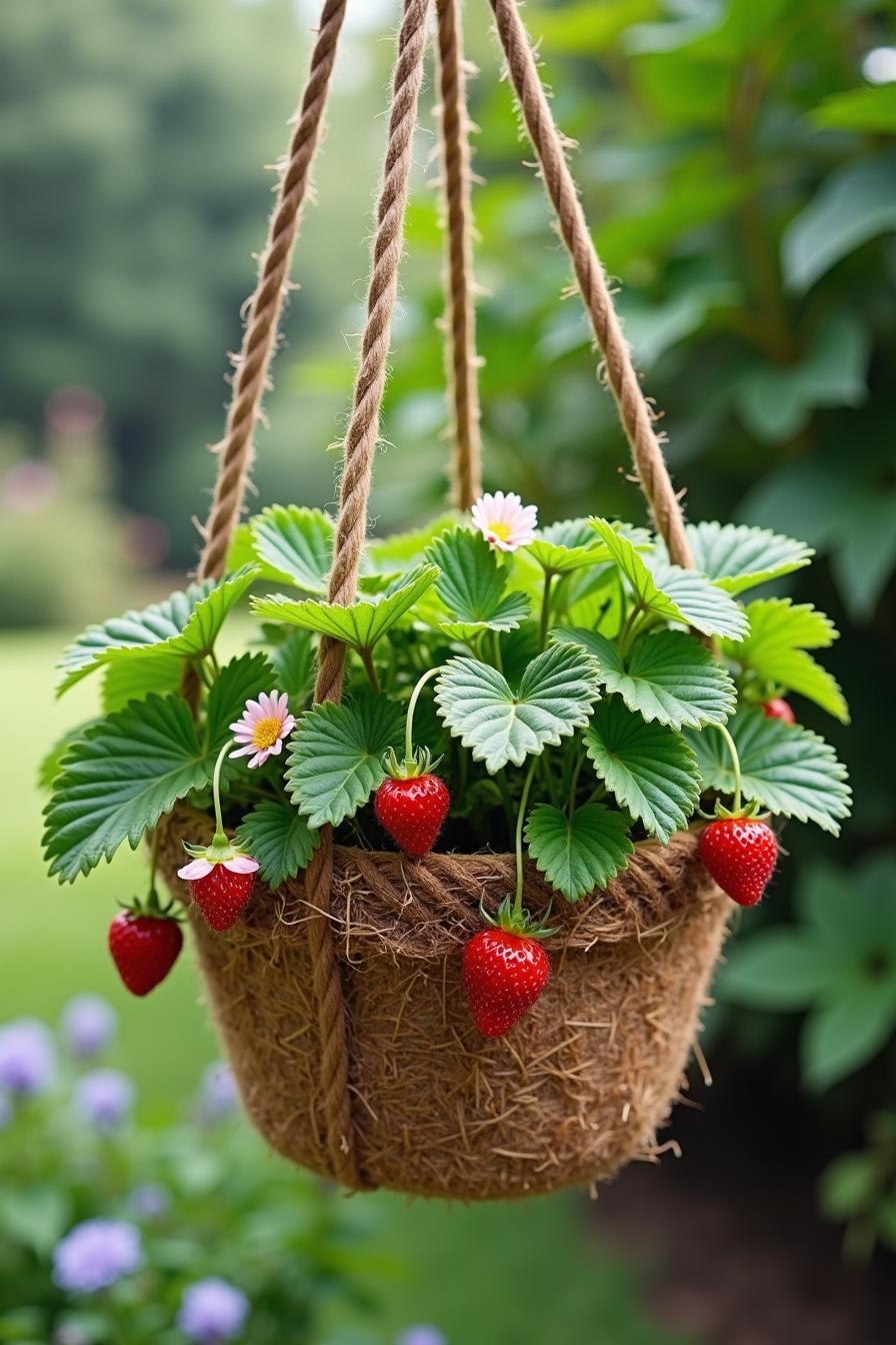 Hanging basket with ripe strawberries