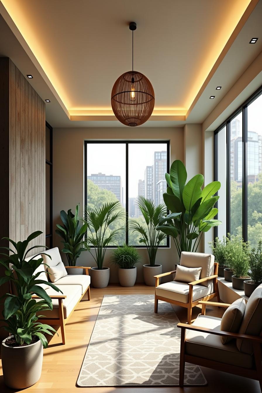 Sunlit room with modern furniture and plants