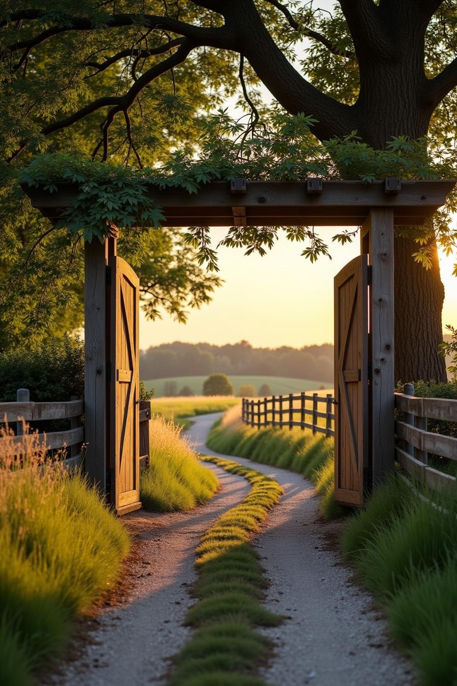 Open wooden farm gate with winding path