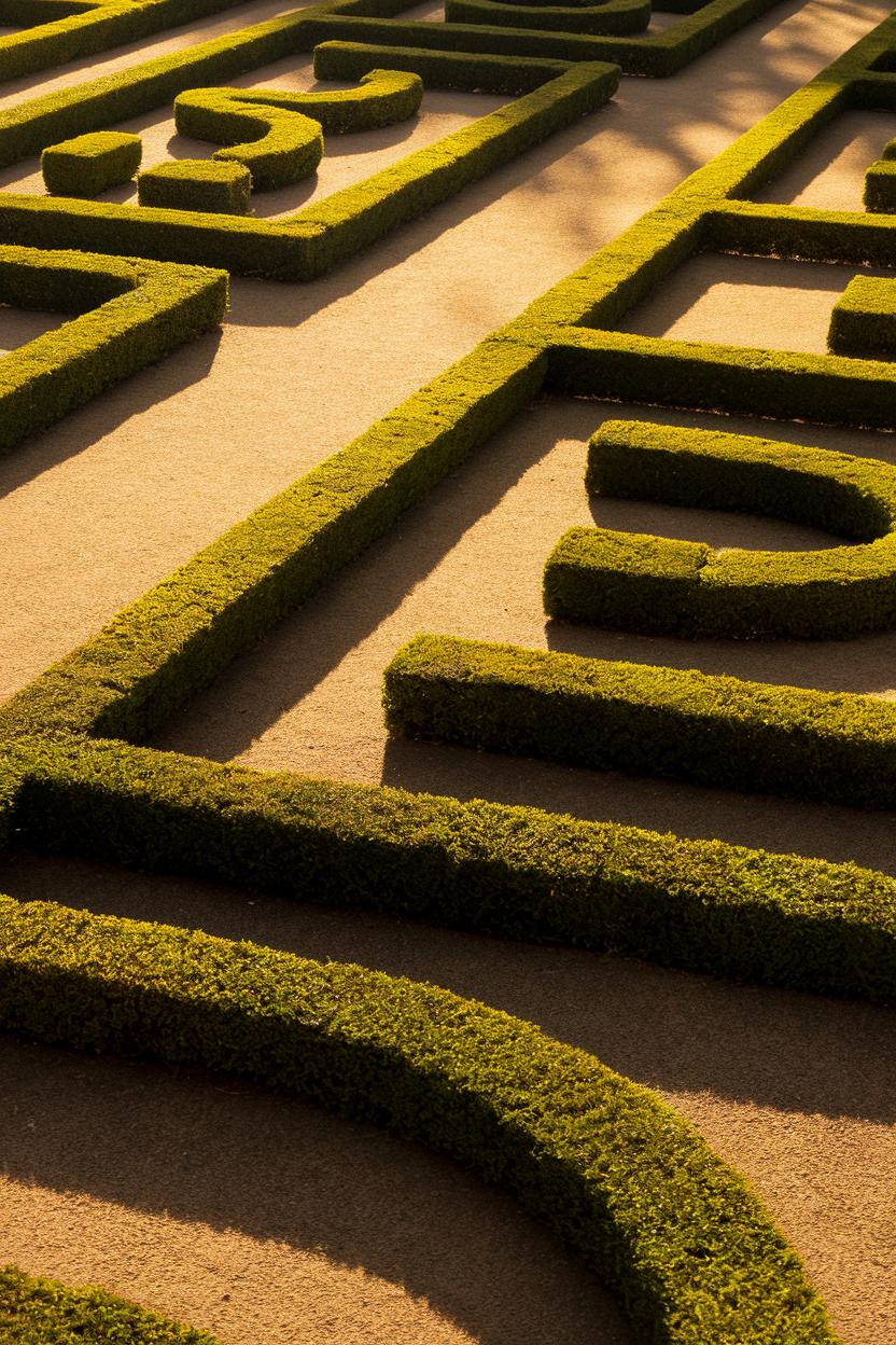 Neatly trimmed boxwood hedges creating a winding path