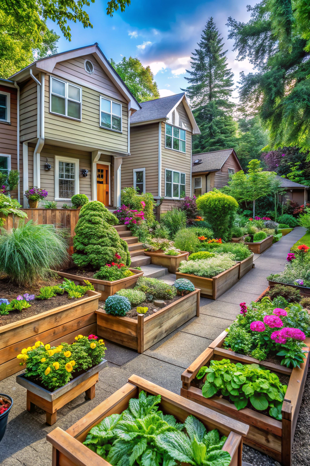 Colorful raised flower beds lining a garden pathway