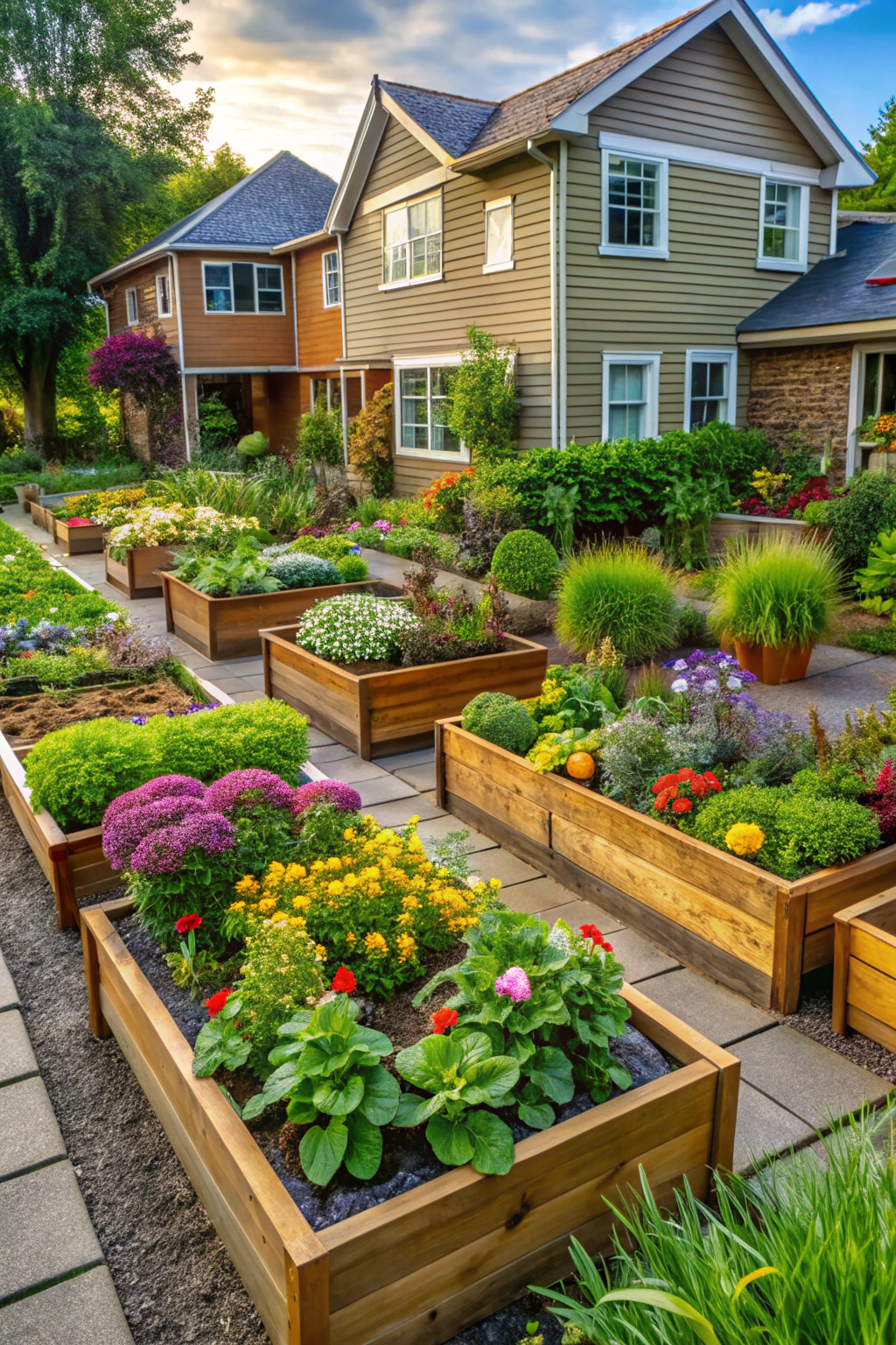 Wooden flower beds with vibrant blooms by a house