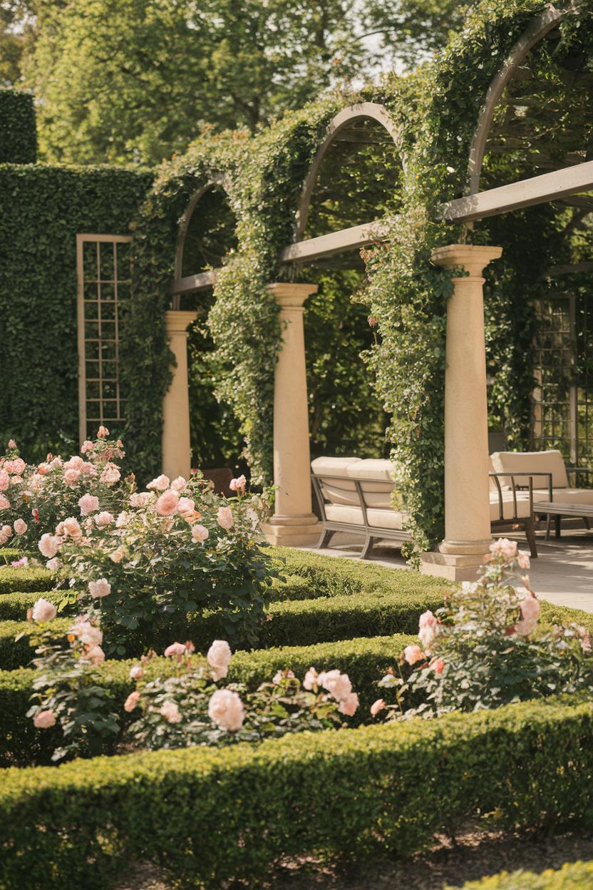 Boxwood garden with pink roses and pergola